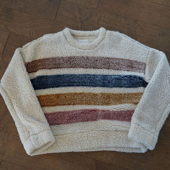 Thread & Supply Fleece Sweatshirt Womens Large Striped Ivory High‎ Pile Fuzzy - Picture 1 of 7